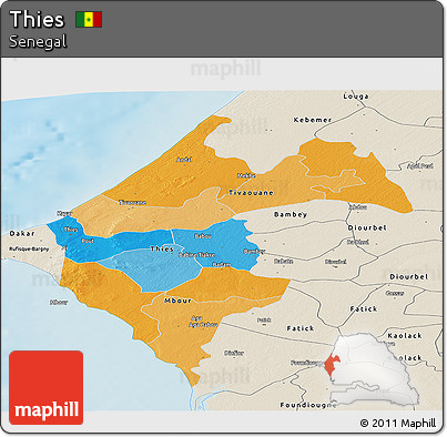 Political Panoramic Map of Thies, shaded relief outside