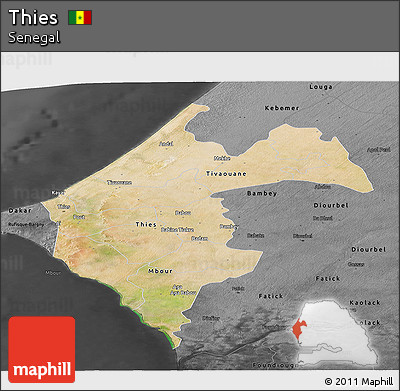 Satellite Panoramic Map of Thies, darken, desaturated