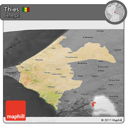 Satellite Panoramic Map of Thies, darken, desaturated