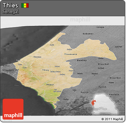 Satellite Panoramic Map of Thies, darken, desaturated