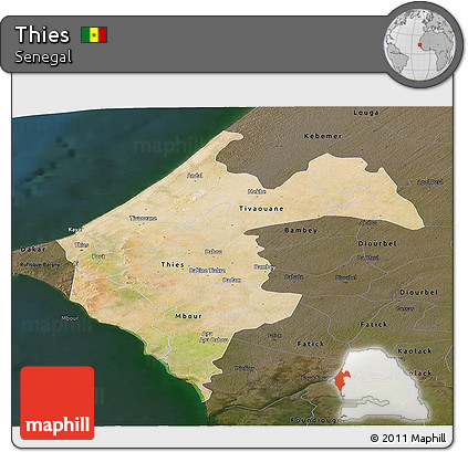 Satellite Panoramic Map of Thies, darken