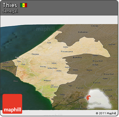 Satellite Panoramic Map of Thies, darken