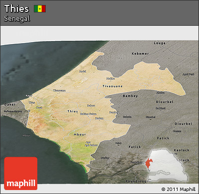 Satellite Panoramic Map of Thies, darken, semi-desaturated