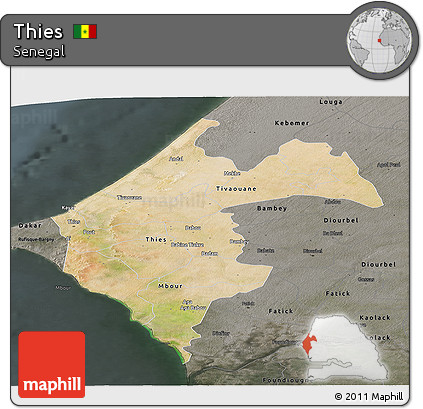 Satellite Panoramic Map of Thies, darken, semi-desaturated