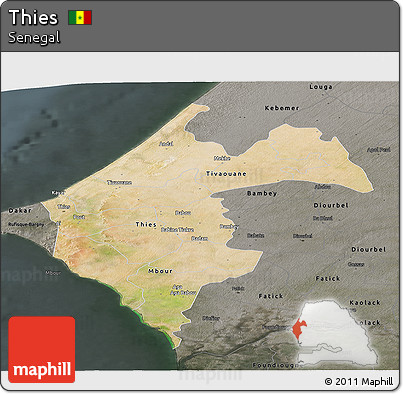 Satellite Panoramic Map of Thies, darken, semi-desaturated