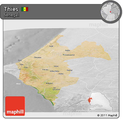 Satellite Panoramic Map of Thies, lighten, desaturated