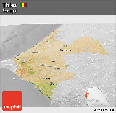 Satellite Panoramic Map of Thies, lighten, desaturated