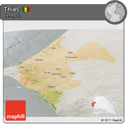 Satellite Panoramic Map of Thies, lighten, semi-desaturated
