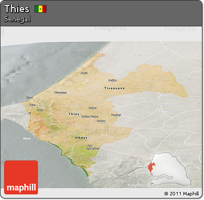 Satellite Panoramic Map of Thies, lighten, semi-desaturated