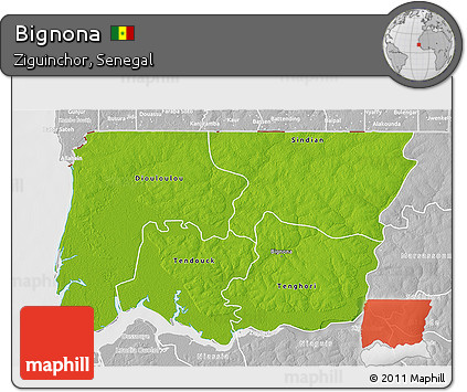 Physical 3D Map of Bignona, lighten, desaturated