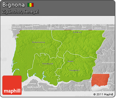 Physical 3D Map of Bignona, lighten, desaturated
