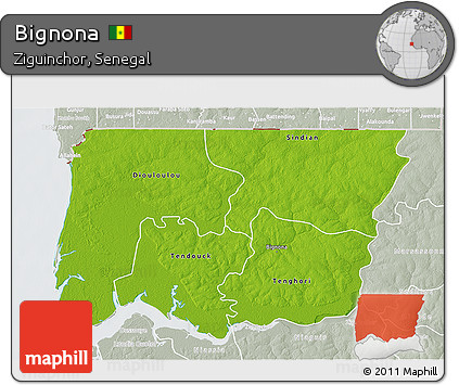 Physical 3D Map of Bignona, lighten, semi-desaturated
