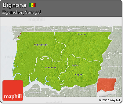 Physical 3D Map of Bignona, lighten, semi-desaturated
