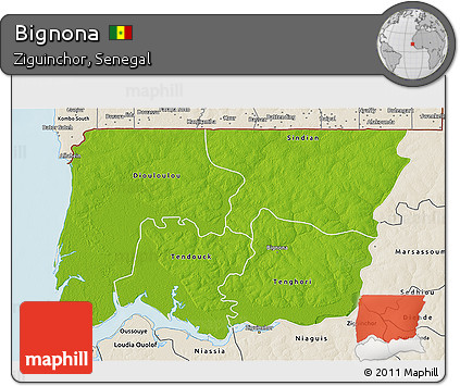 Physical 3D Map of Bignona, shaded relief outside