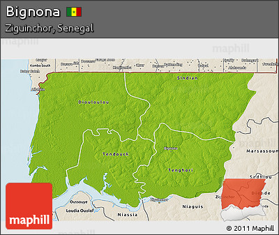 Physical 3D Map of Bignona, shaded relief outside