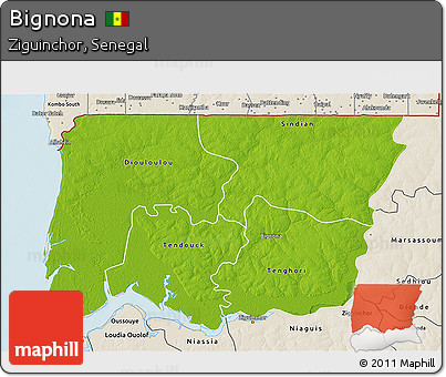 Physical 3D Map of Bignona, shaded relief outside