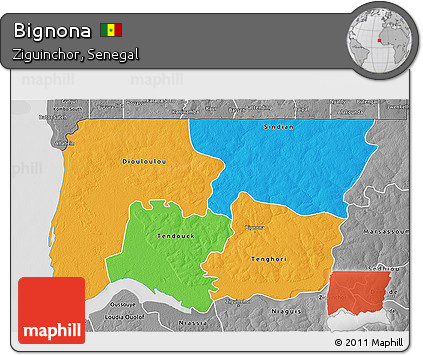 Political 3D Map of Bignona, desaturated