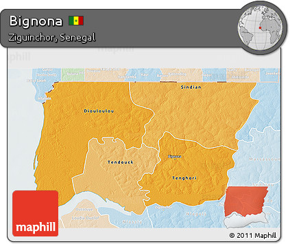 Political Shades 3D Map of Bignona, lighten
