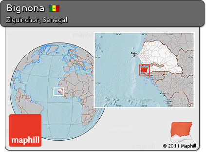 Gray Location Map of Bignona, highlighted country, highlighted parent region, hill shading
