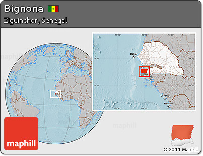 Gray Location Map of Bignona, highlighted country, highlighted parent region, hill shading