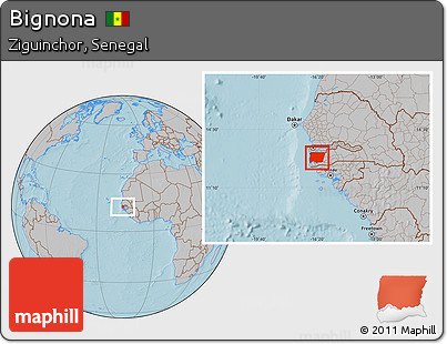 Gray Location Map of Bignona, hill shading