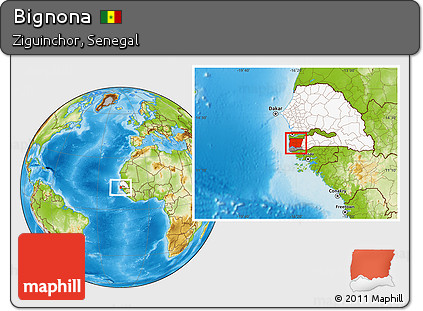 Physical Location Map of Bignona, highlighted country, highlighted parent region