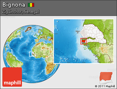 Physical Location Map of Bignona, highlighted country, highlighted parent region