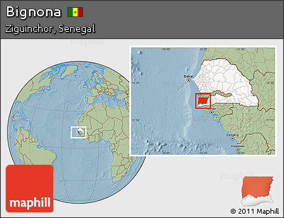 Savanna Style Location Map of Bignona, highlighted country, hill shading