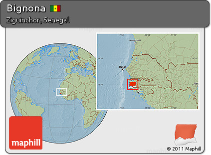 Savanna Style Location Map of Bignona, highlighted parent region, within the entire country, hill shading