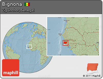 Savanna Style Location Map of Bignona, highlighted parent region, within the entire country, hill shading
