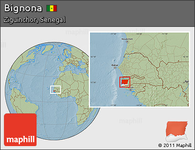 Savanna Style Location Map of Bignona, highlighted parent region, within the entire country, hill shading