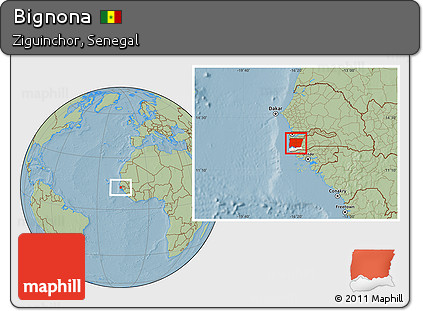 Savanna Style Location Map of Bignona, highlighted parent region, hill shading