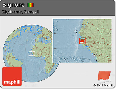 Savanna Style Location Map of Bignona, highlighted parent region, hill shading