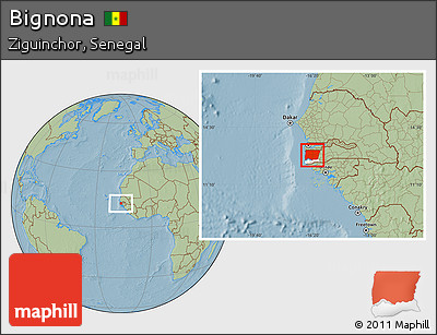 Savanna Style Location Map of Bignona, highlighted parent region, hill shading