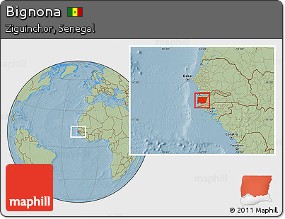 Savanna Style Location Map of Bignona, hill shading