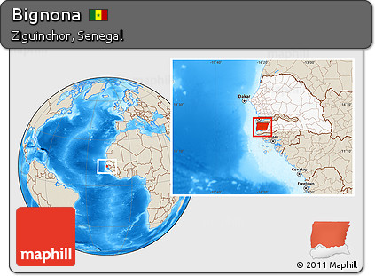 Shaded Relief Location Map of Bignona, highlighted country