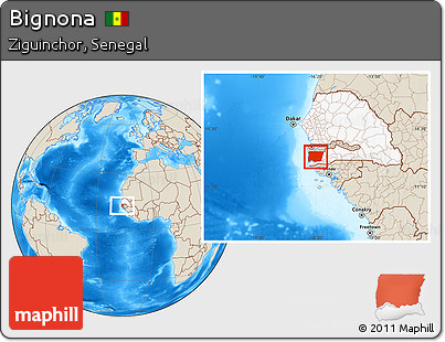 Shaded Relief Location Map of Bignona, highlighted country