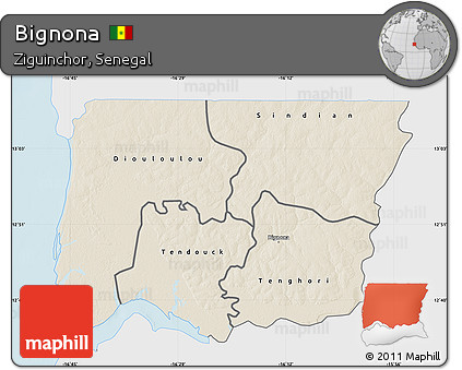 Shaded Relief Map of Bignona, single color outside