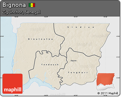 Shaded Relief Map of Bignona, single color outside