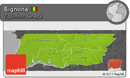 Physical Panoramic Map of Bignona, darken, desaturated