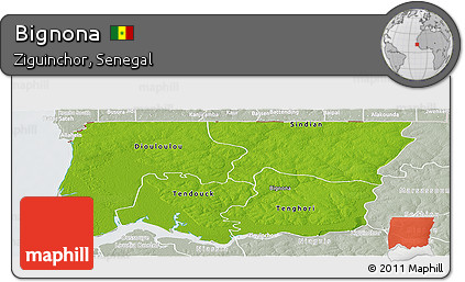 Physical Panoramic Map of Bignona, lighten, semi-desaturated