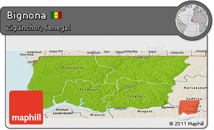 Physical Panoramic Map of Bignona, shaded relief outside