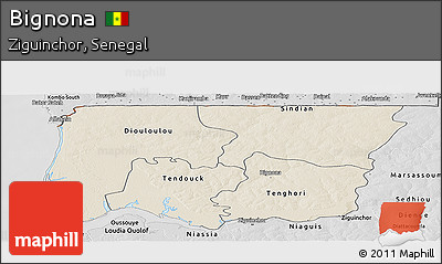 Shaded Relief Panoramic Map of Bignona, desaturated
