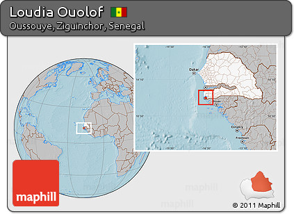 Gray Location Map of Loudia Ouolof, highlighted country, highlighted parent region, hill shading