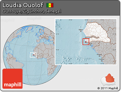 Gray Location Map of Loudia Ouolof, highlighted country, highlighted parent region, hill shading