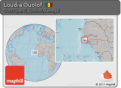 Gray Location Map of Loudia Ouolof, highlighted parent region, highlighted grandparent region, hill shading