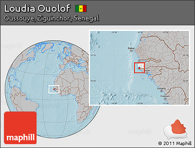 Gray Location Map of Loudia Ouolof, highlighted parent region, highlighted grandparent region, hill shading