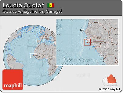 Gray Location Map of Loudia Ouolof, highlighted parent region, highlighted grandparent region, hill shading