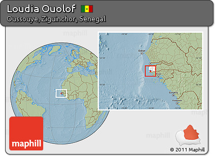Savanna Style Location Map of Loudia Ouolof, highlighted grandparent region, hill shading