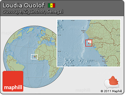 Savanna Style Location Map of Loudia Ouolof, highlighted grandparent region, hill shading
